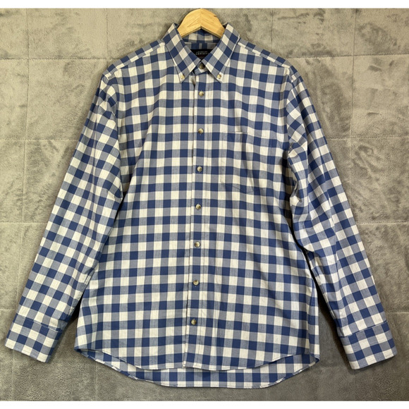 Charles Tyrwhitt Shirt Large Weekend No Iron Slim Fit Blue/Gray Check Preppy - Picture 1 of 9